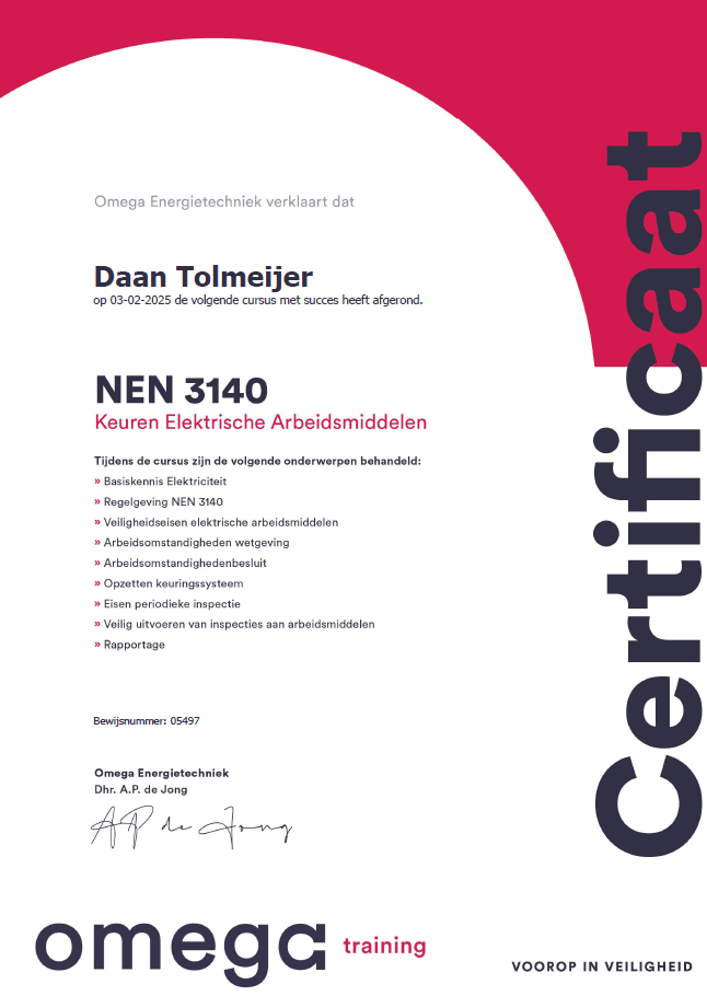 NEN 3140 elektrische arbeidsmiddelen certificaat keurmeester Daan