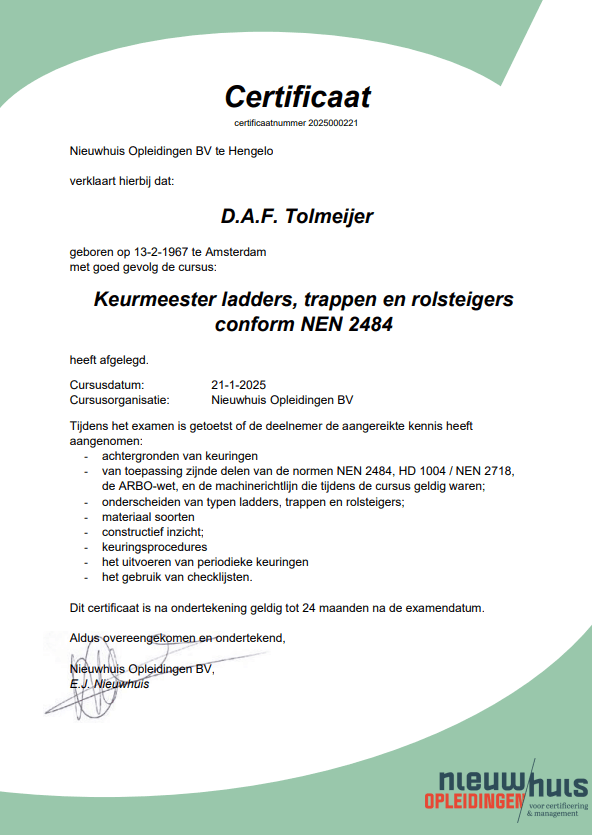 NEN ladders trappen rolsteigers certificaat keurmeester Daan
